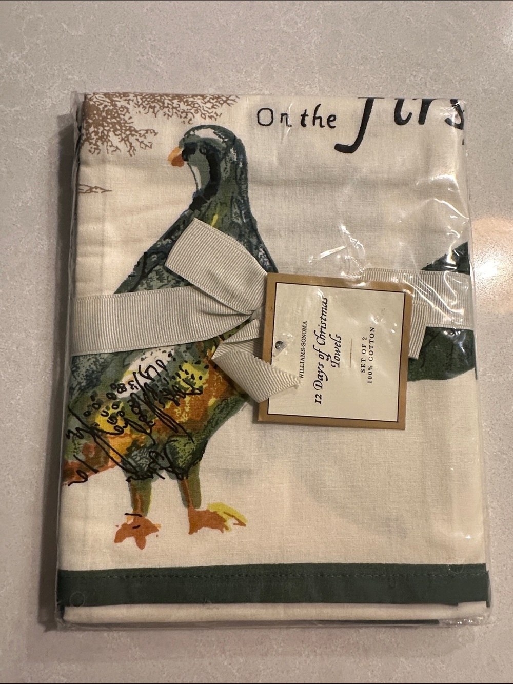 Williams Sonoma Duck Print Cotton Tea Towel - Green/White